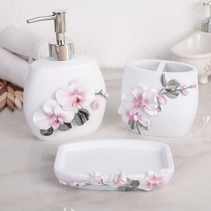фото Набор аксессуаров для ванной комнаты «орхидея», 3 предмета (дозатор 580 мл, мыльница, стак nobrand