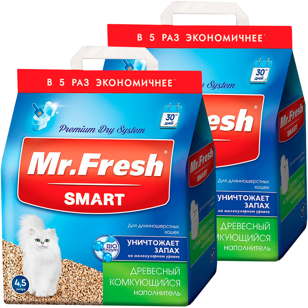 

MR. FRESH Наполнитель древесный комкующийся Mr. Fresh Smart для туалета длинношерстных кош