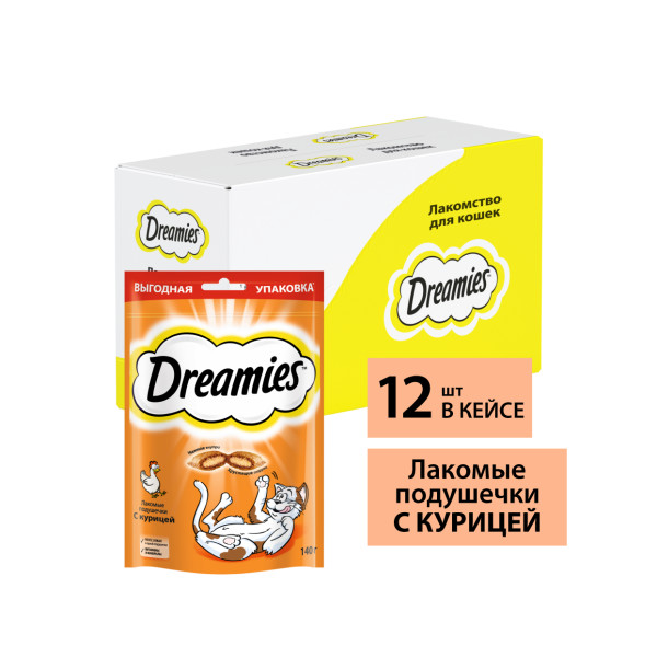 

Лакомство Dreamies для кошек, подушечки с курицей, 12x140 г