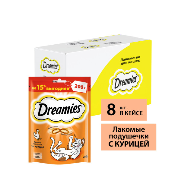 

Лакомство Dreamies для кошек, подушечки с курицей, 8x200 г