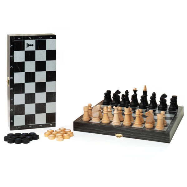 фото Игра 2в1 дорожная черная, рисунок серебро с обиходными деревянными шахматами объедовские фабрика игр