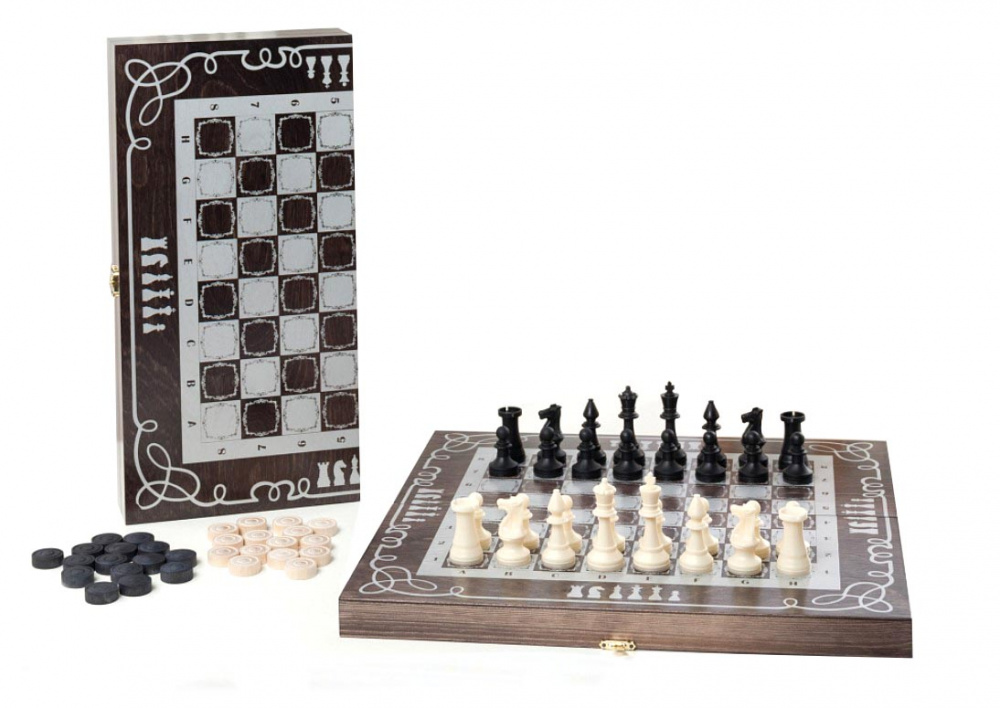 фото Игра 2в1 малая венге, рисунок серебро с обиходными деревянными шахматами объедовские фабрика игр