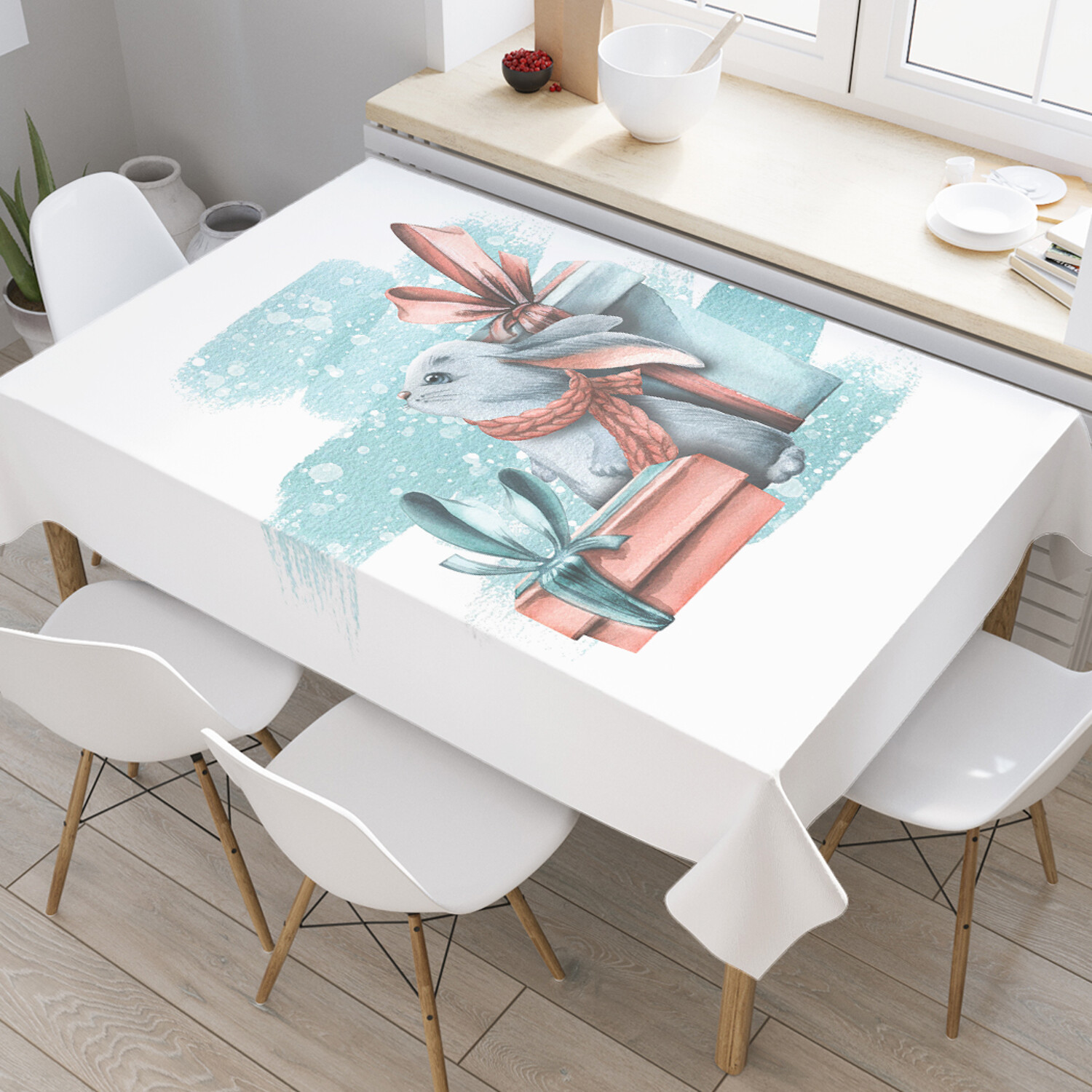 

Прямоугольная тканевая скатерть на стол JoyArty с рисунком "Зайка с подарком" 120x145 см, Голубой, Зайка с подарком