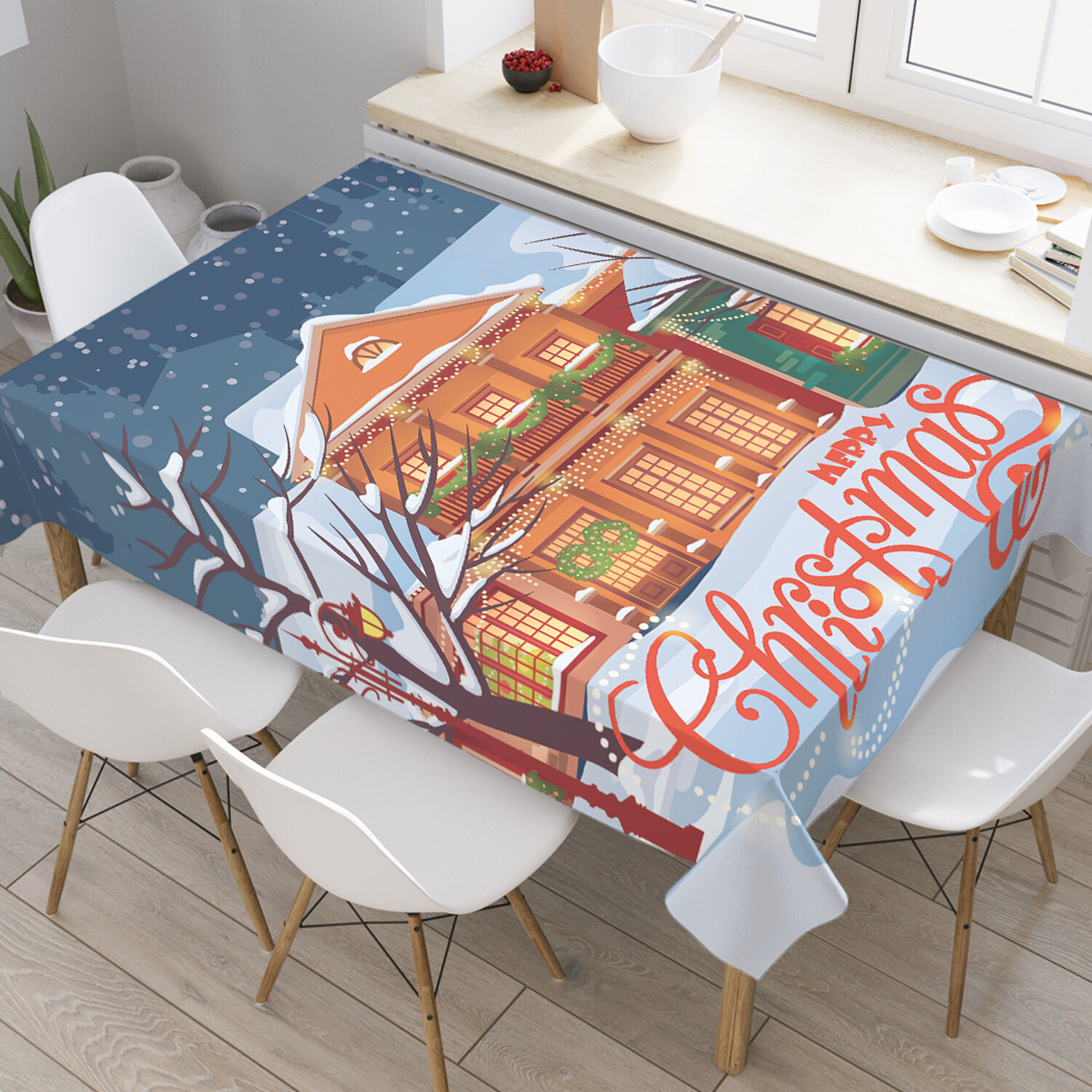 фото Прямоугольная тканевая скатерть на стол joyarty "новогодний городской пейзаж" 120x145 см
