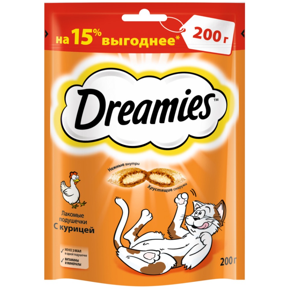 Лакомство для кошек Dreamies подушечки, курица,  200 г