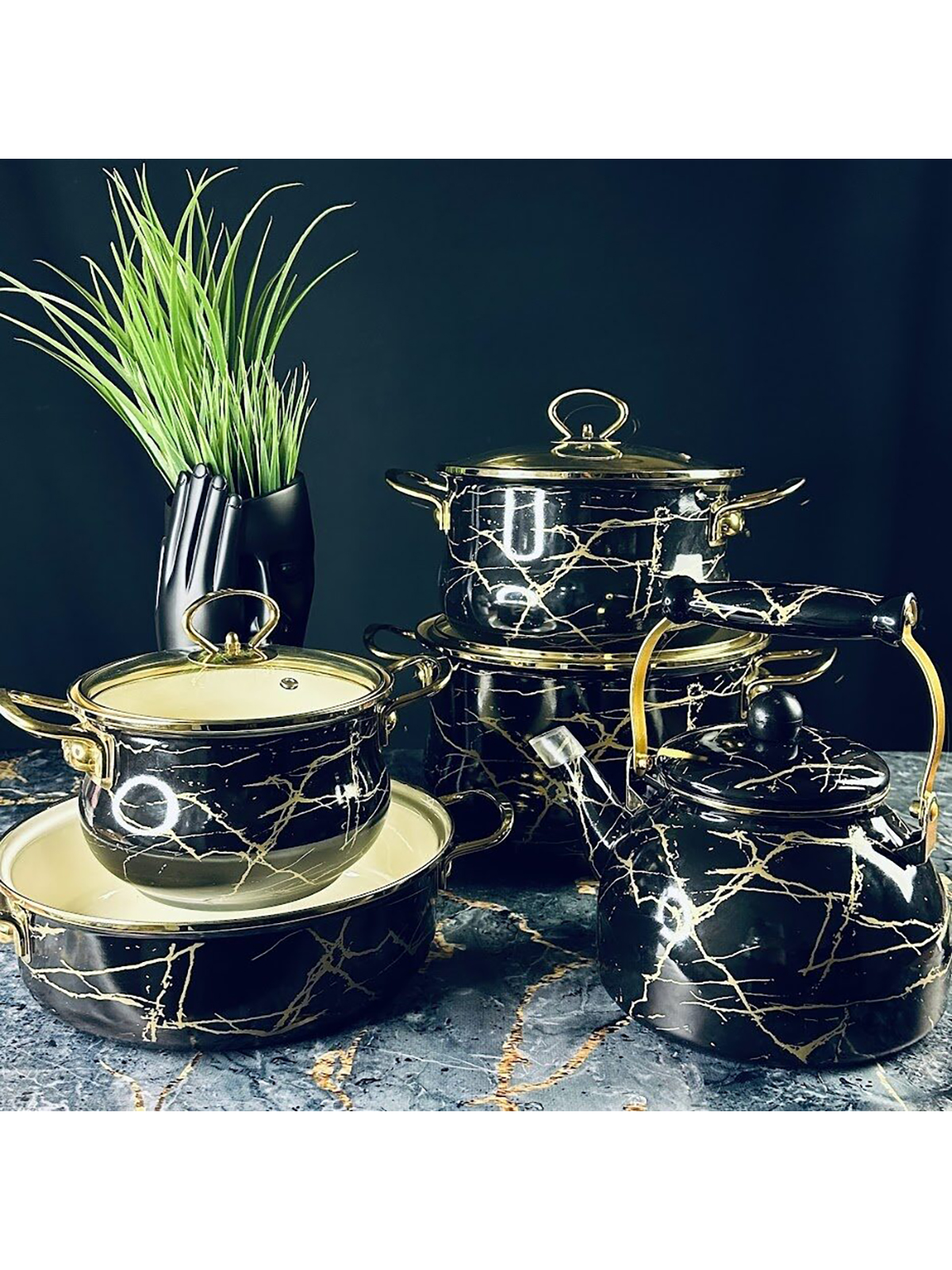 Набор эмалированной посуды для приготовления 9 предметов Lenardi Черный мрамор 776-054