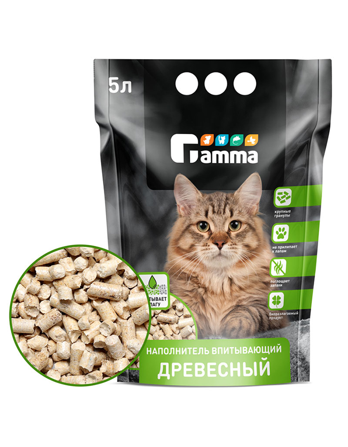 Впитывающий наполнитель Gamma древесный, крупные гранулы, 5 л