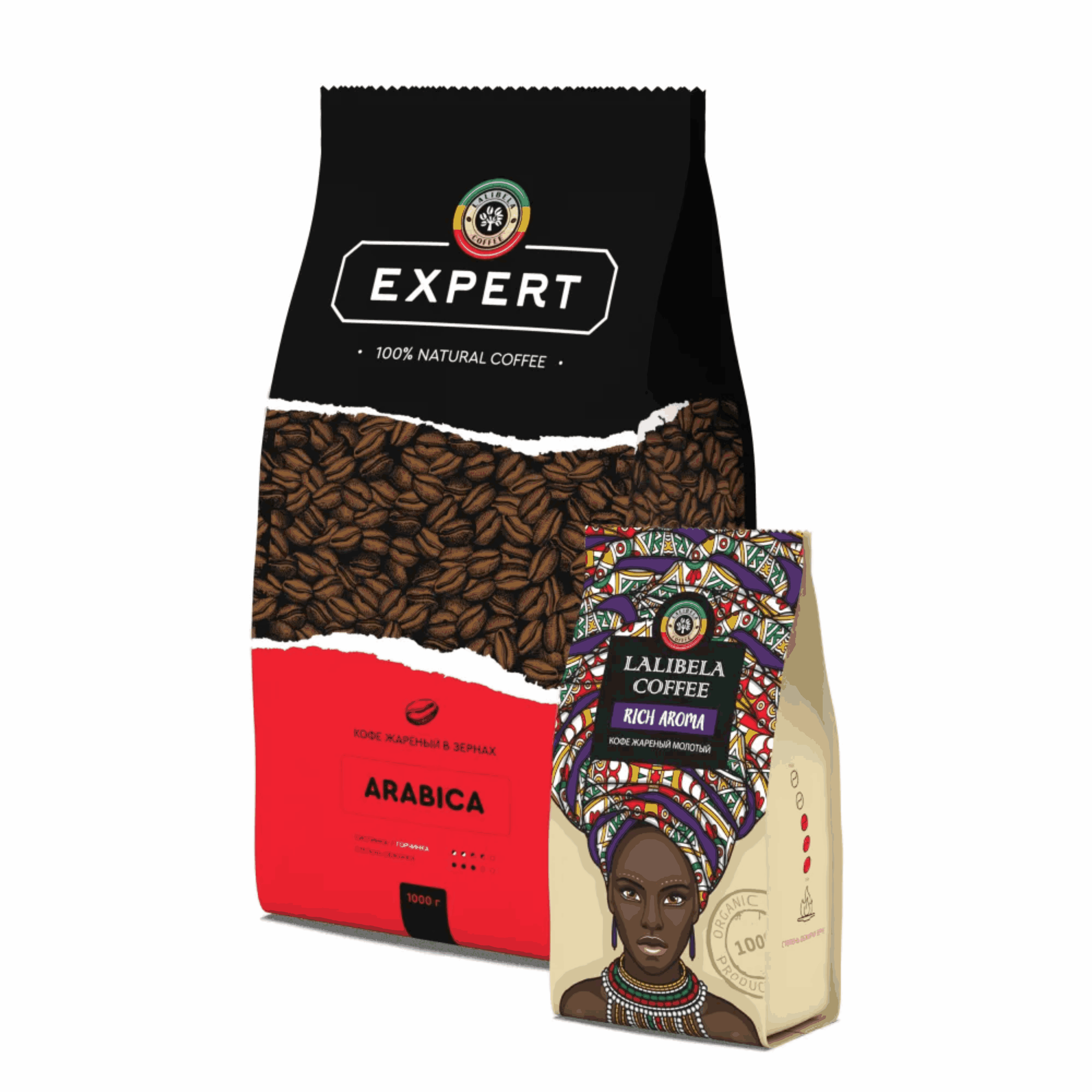 Набор кофе в зернах LALIBELA COFFEE Expert Arabica 1 кг + кофе молотый Rich Aroma 200 г