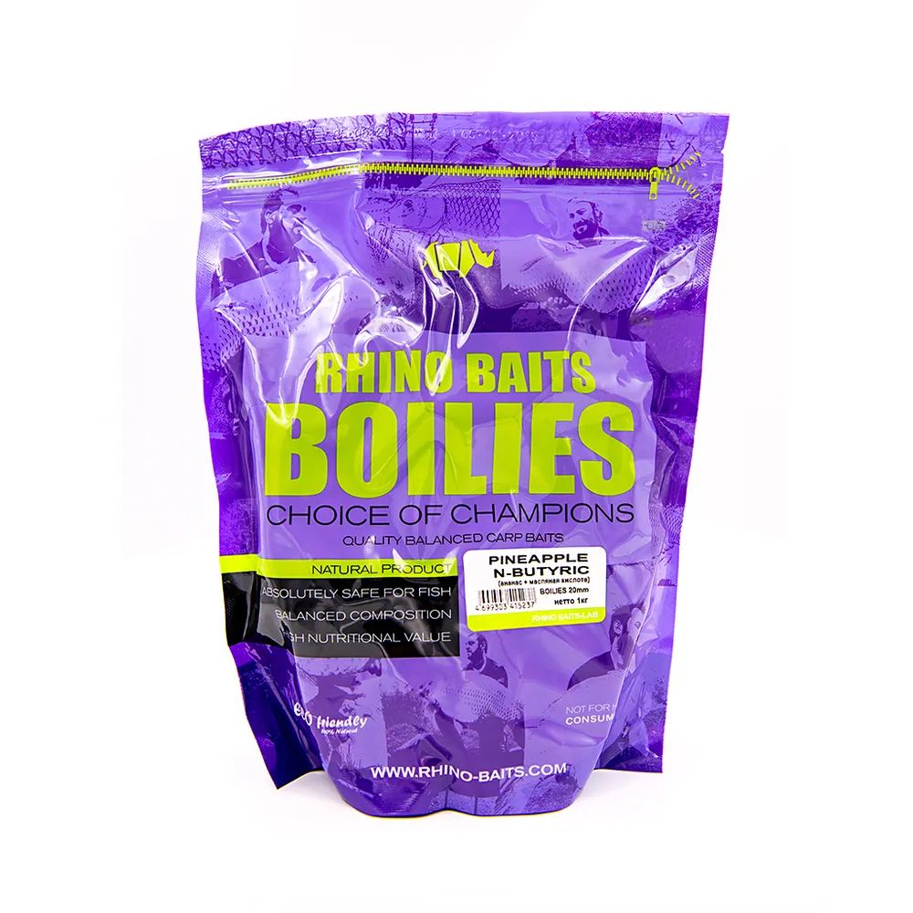 

Бойлы насадочные Rhino Baits Pineapple (ананас + N-Butyric), 20 мм, пакет 0,5 кг