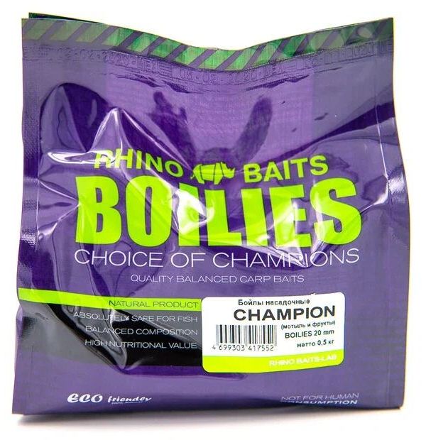 

Бойлы насадочные Rhino Baits Champion (мотыль и фрукты), 20 мм, пакет 0,5 кг, Champion