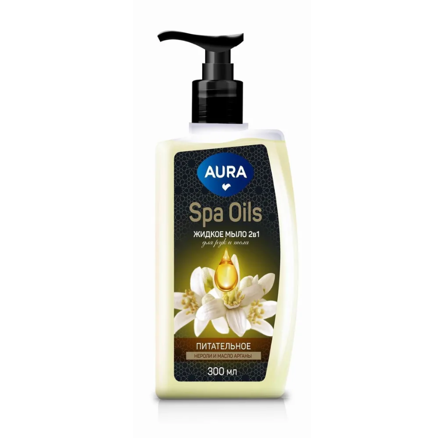 Туалетное мыло жидкое Aura Spa Oils 2 в 1 для рук и тела нероли и масло арганы 300 мл