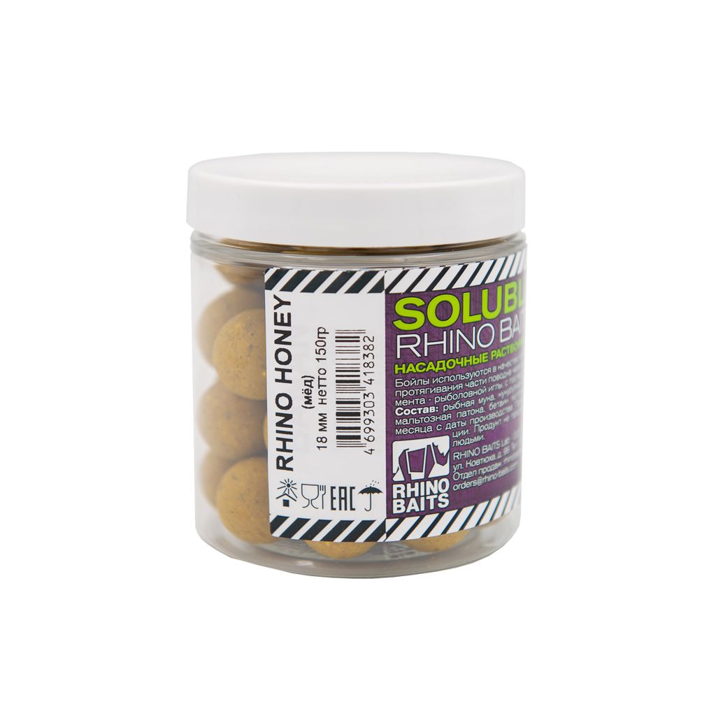

Бойлы RHINO BAITS растворимые насадочные Rhino Honey (мед), 18 мм, банка 0,15 кг