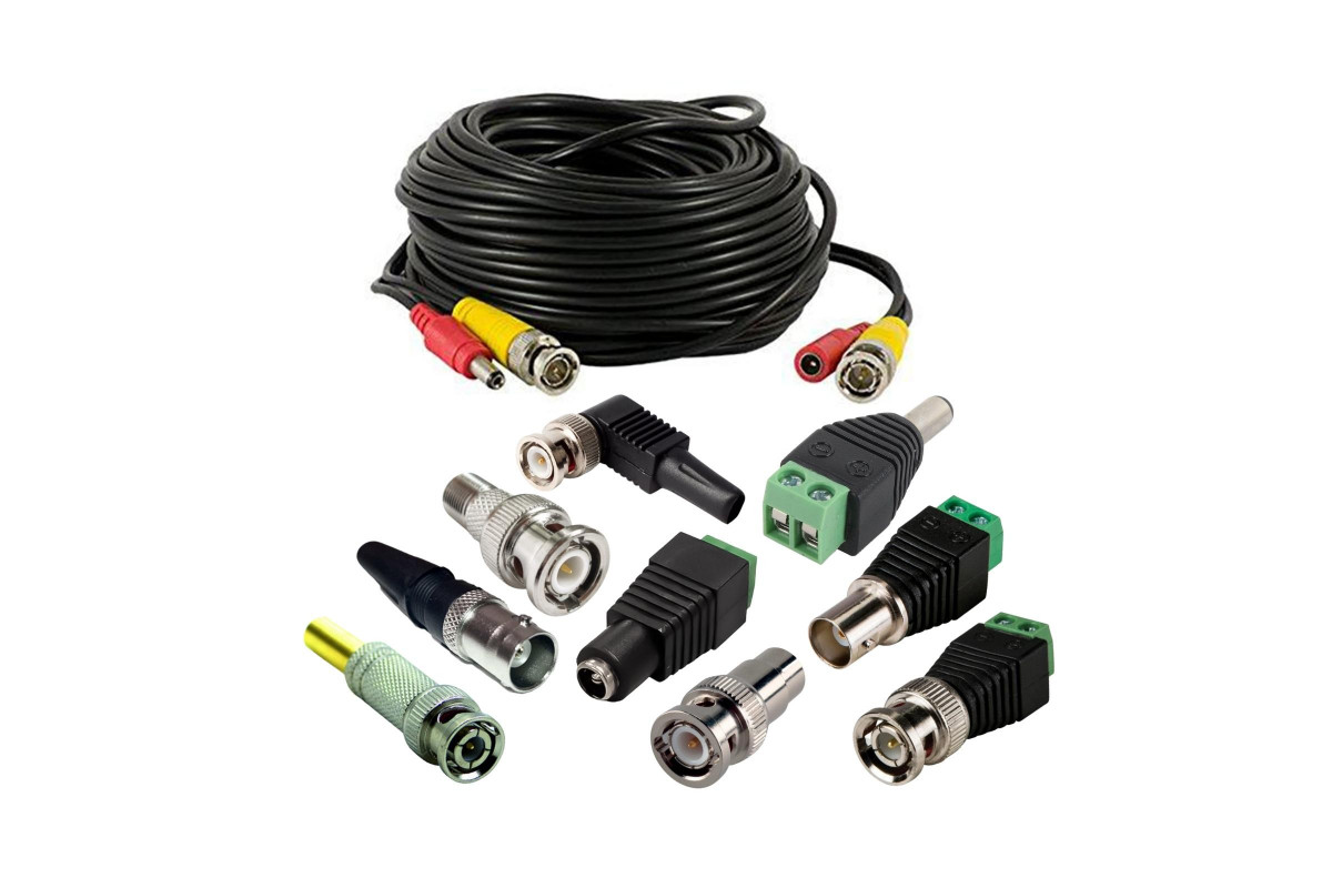 Комплект для видеонаблюдения: кабель BNC/DC - BNC/DC, 20 м, с переходниками BNC, RCA, DC кабель переходник vcom