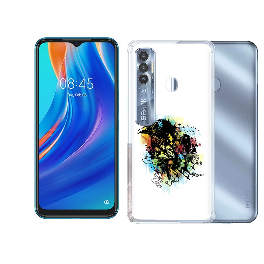 

Чехол MyPads Tocco для Tecno Spark 7 Pro ворон и черепа, Прозрачный, Tocco