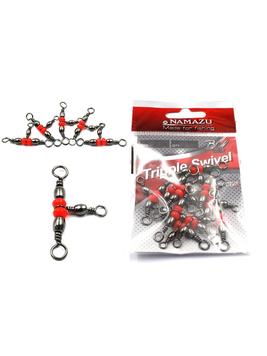 

Вертлюг тройной Namazu TRIPPLE SWIVEL, латунь, цв. BN, р. 3 х 5, test-32 кг (уп.10 шт)/500, Серый, Tripple Swiwel