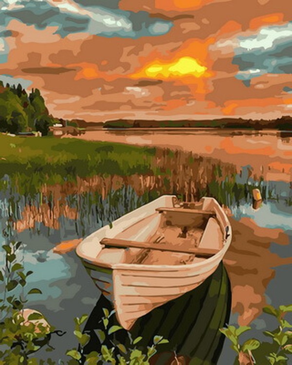 фото Живопись по номерам цветной лодка на закате 40x50