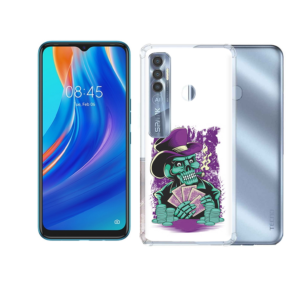 

Чехол MyPads Tocco для Tecno Spark 7 Pro зеленый череп с картами, Прозрачный, Tocco