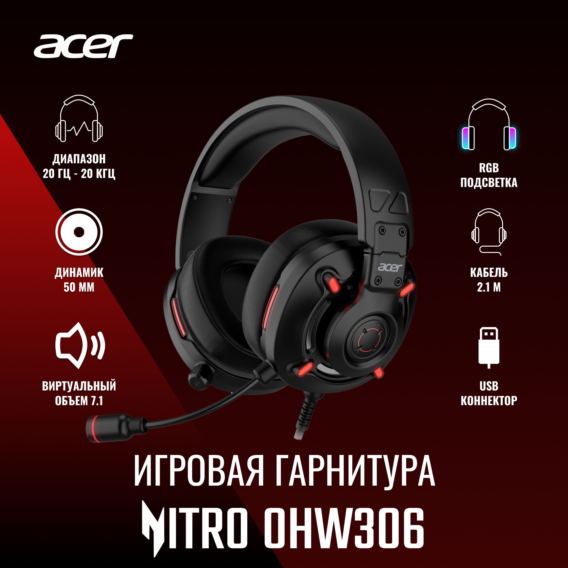 

Наушники для компьютера Acer Nitro OHW306 Black, Nitro OHW306