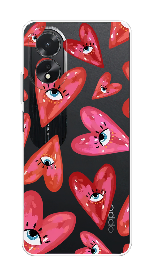 

Чехол на Oppo A38/A18 "Сердечки с глазами", Коричневый;красный;розовый, 2515350-1