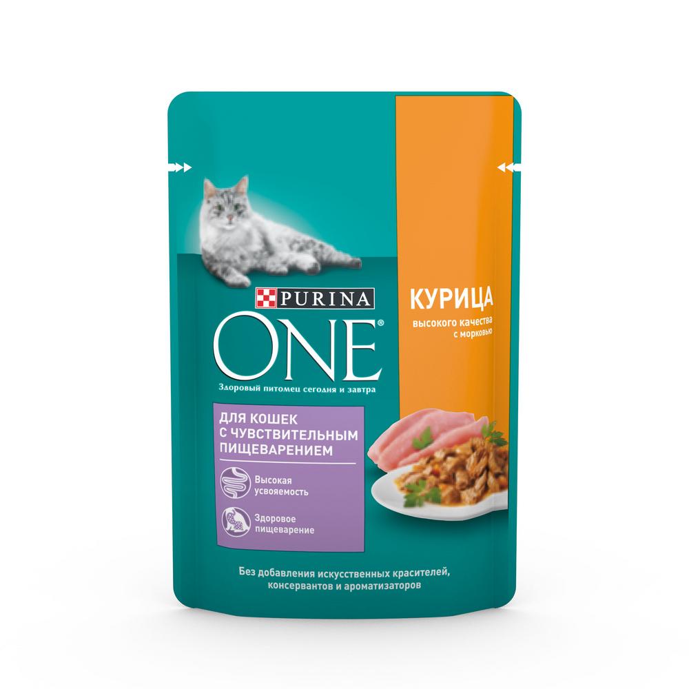 фото Влажный корм для кошек purina one для чувствительного пищеварения с курицей и морковью 75г