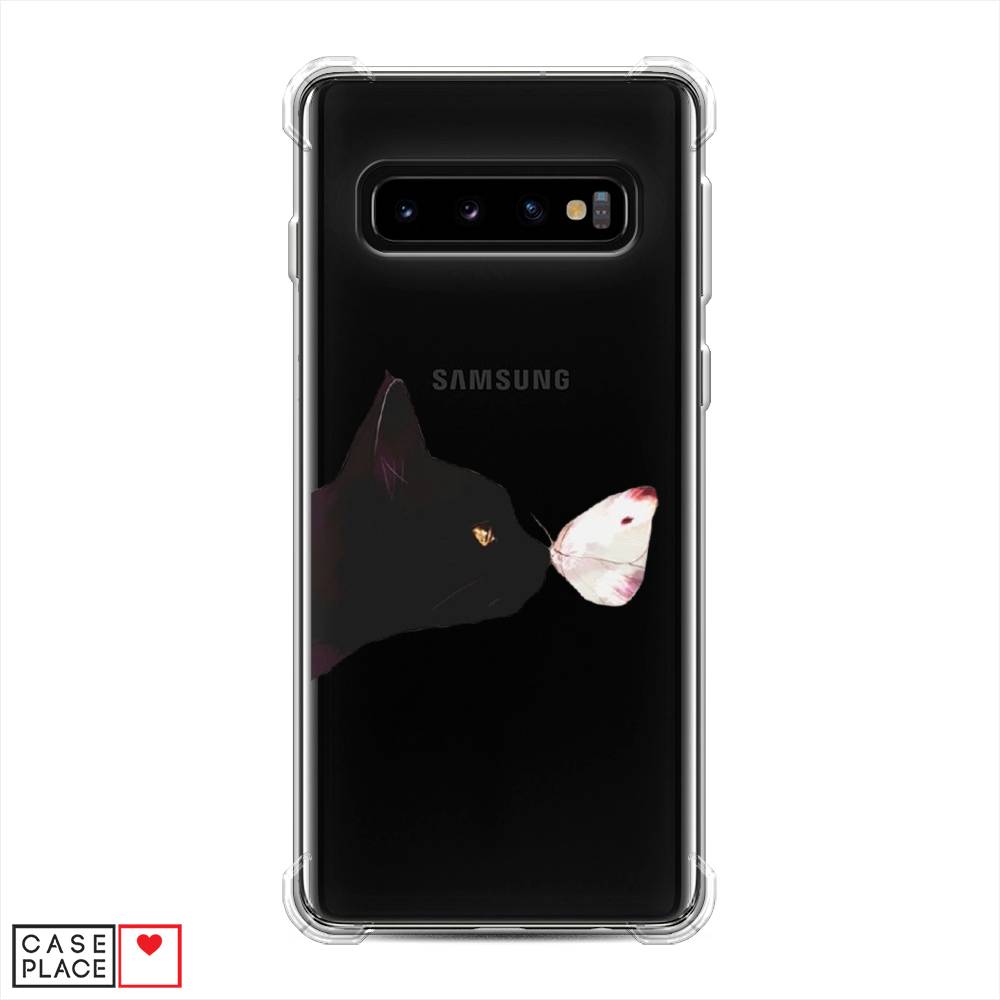 фото Противоударный силиконовый чехол "черный кот и бабочка" на samsung galaxy s10 awog