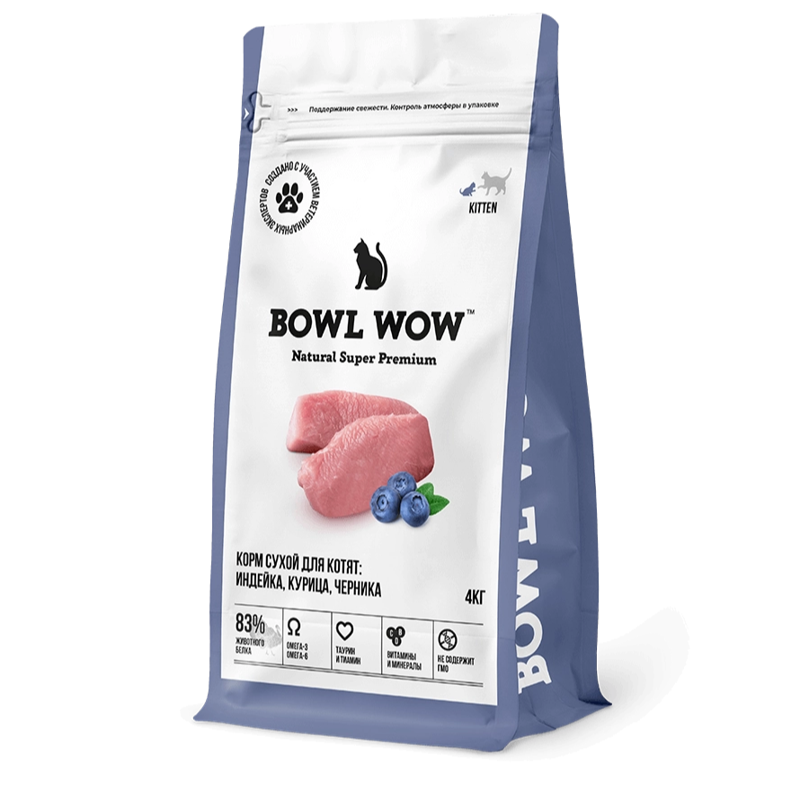 Сухой корм для котят BOWL WOW с курицей и черникой 4 кг 3720₽