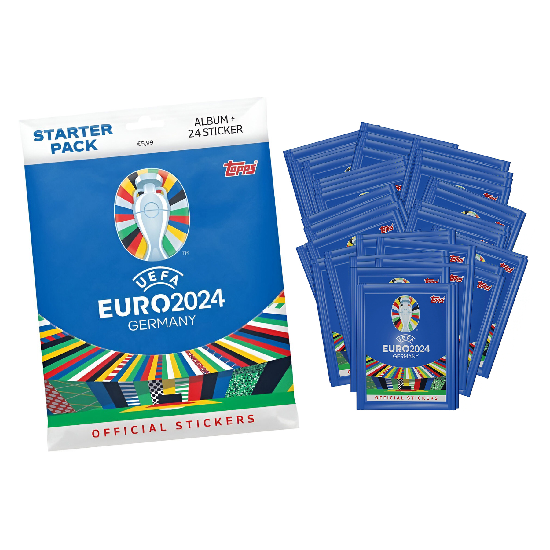 Стартовый набор Topps EURO 2024, альбом в мягкой обложке, 300 наклеек, на английском