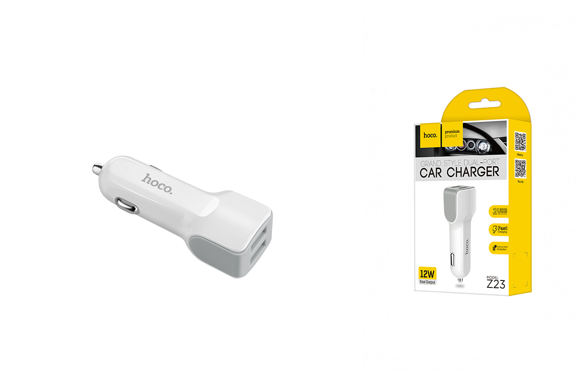 

АЗУ HOCO Z23 Grand Style Dual-Port Car Charger 2*USB 2,4A (белое)