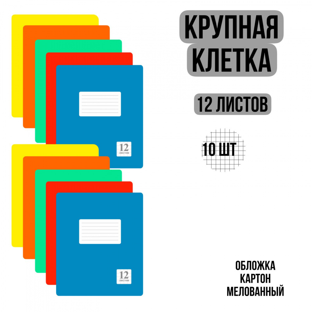 

Комплект из тетрадей школьных всех цветов Крупная Клетка 12 листов - 10 штук