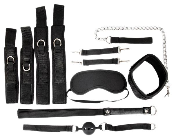 фото Набор бдсм bior toys черный текстильный: наручники, оковы, ошейник, кляп, маска, плеть
