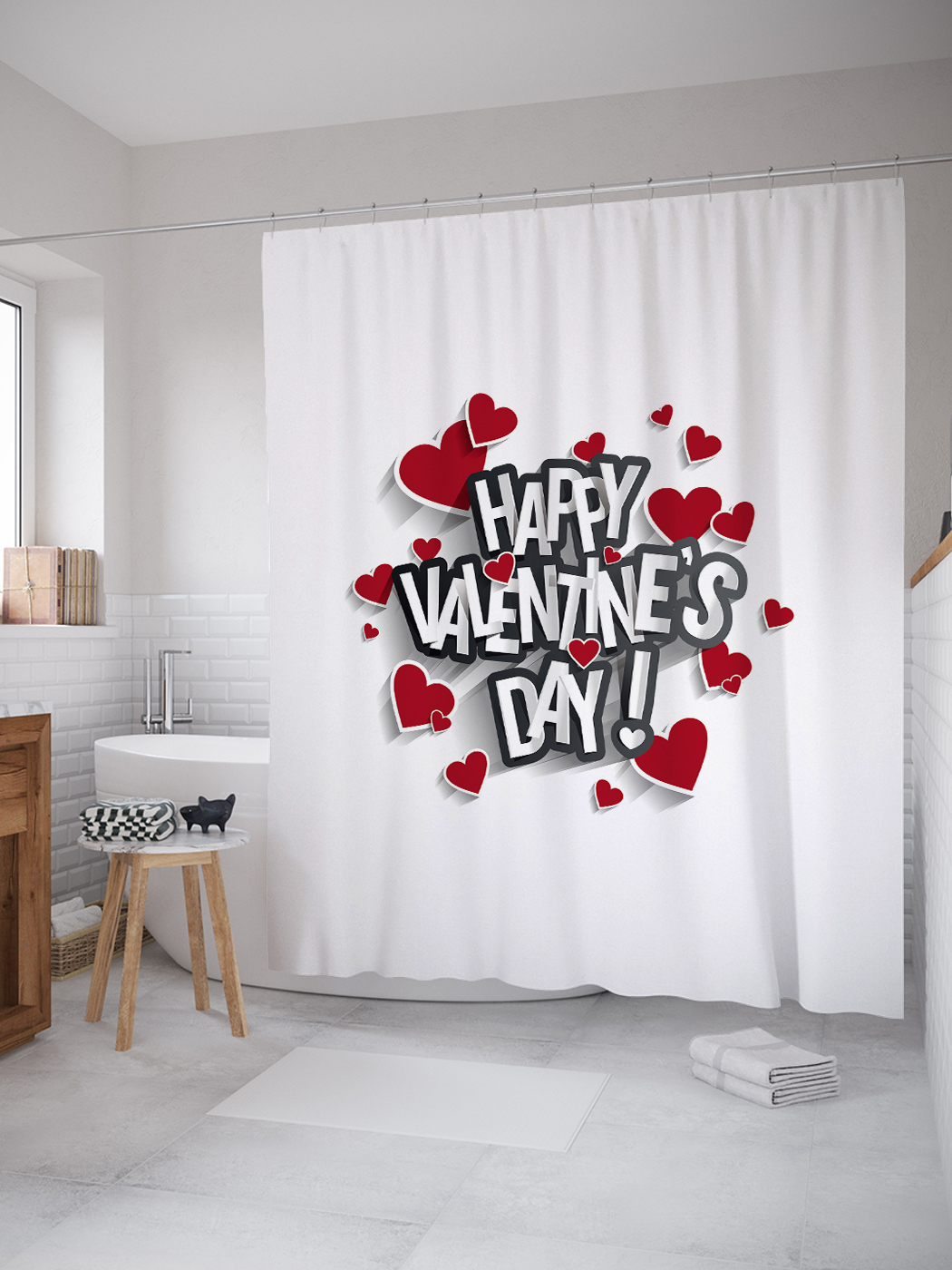 

Штора для ванной JoyArty «Happy Valentines day» из ткани, 180х200 см с крючками, Красный;белый