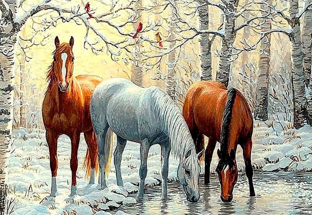 

Алмазная вышивка Алмазное Хобби Лошади зимой, 45x70 см, Лошади зимой