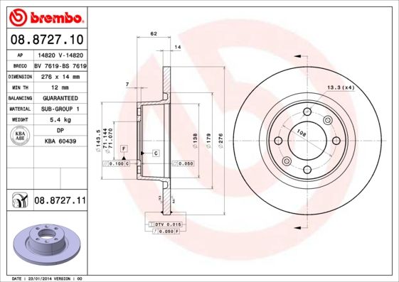 фото Тормозной диск brembo 08.8727.10