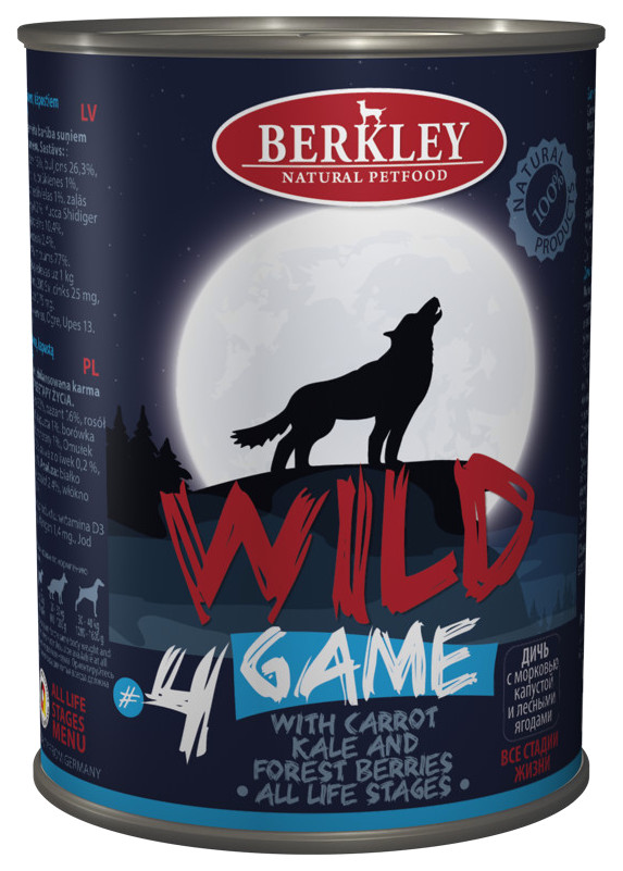 фото Консервы для собак berkley wild game №4 дичь с морковью, капустой и лесными ягодами, 400 г