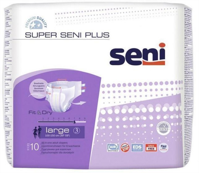 Подгузники Seni Super Plus для взрослых дышащие размер L обхват 100-150 см 10 шт.