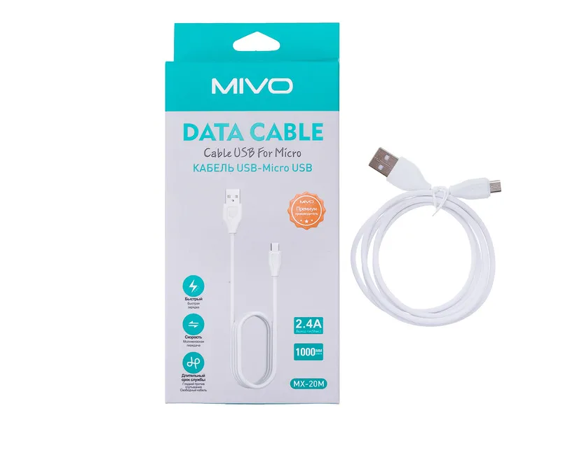 Кабель MIVO MX-20M USB-Micro USB, 1 м, 5 В / 2,4 А