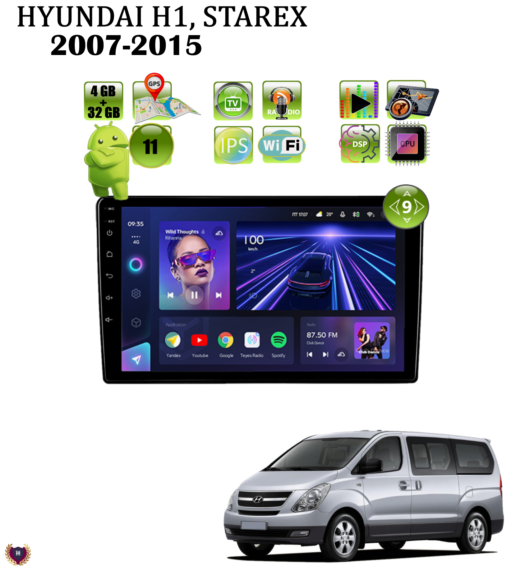 Автомагнитола Podofo для Hyundai H1, Starex (2007-2015), Android 11, 4/32Gb, Wi-Fi, GPS