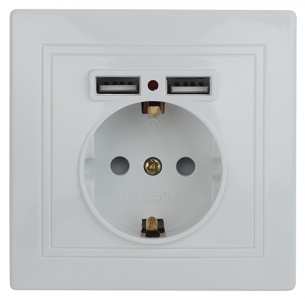 

Розетка Intro Plano 1-410-01 заз 2P+E Schuko 16А-250В+2хUSB 5В-2,1А, IP20, СУ бел Б0053942, Б0053942