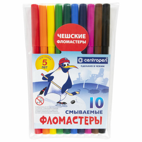 Фломастеры 10 ЦВЕТОВ CENTROPEN "Пингвины", смываемые, вентилируемый колпачок, 7790/10ET 100058564544 разноцветный