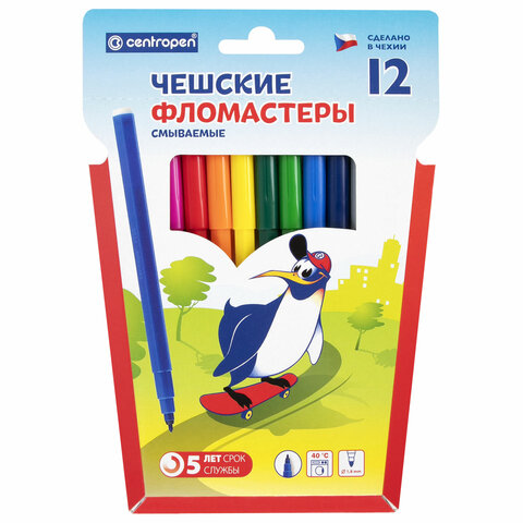 

Фломастеры 12 ЦВЕТОВ CENTROPEN "Пингвины", смываемые, вентилируемый колпачок, 7790/12ET,, Разноцветный