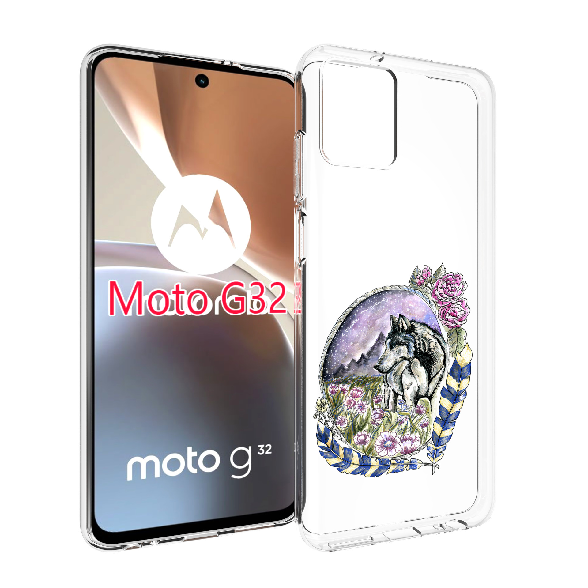 

Чехол MyPads нарисованный волк в цветах с перьями для Motorola Moto G32, Прозрачный, Tocco