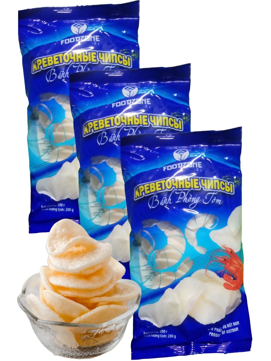 

Чипсы FOODZONE креветочные для жарки, 3 упаковки по 200 г