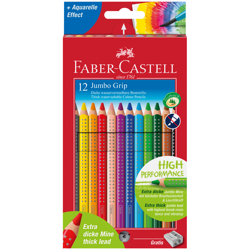 

Цветные карандаши Faber-Castell JUMBO GRIP: 12 шт, + точилка, Желтый;оранжевый;красный;фиолетовый;синий;голубой;зеленый;коричневый, JUMBO GRIP 12 шт