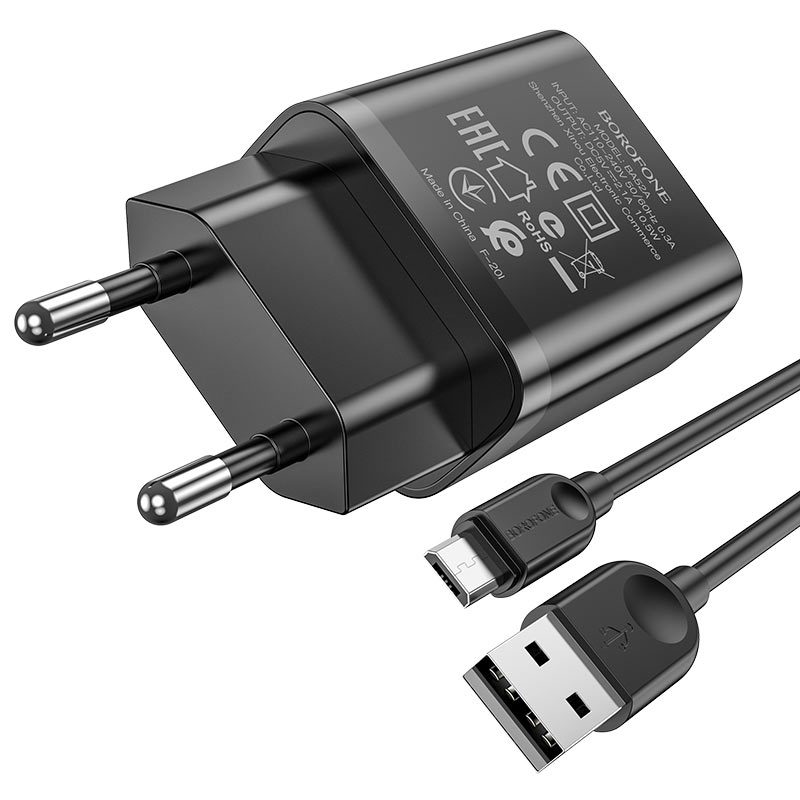 

Сетевое зарядное устройство Borofone BA52A (2A) + кабель MicroUSB, черный