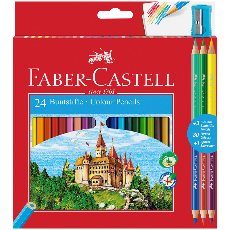 Цветные карандаши Faber-Castell Замок: 24 шт + 3 двухцветных карандаша + точилка