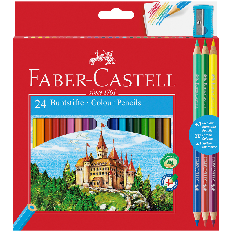 

Цветные карандаши Faber-Castell Замок: 24 шт + 3 двухцветных карандаша + точилка, Белый;желтый;оранжевый;красный;фиолетовый;голубой;синий;зеленый;коричневый;черный, Замок 24 шт