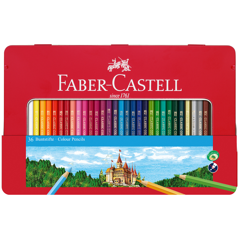 

Цветные карандаши Faber-Castell Замок в металлической коробке, 36 шт, Белый;желтый;оранжевый;красный;розовый;фиолетовый;голубой;синий;зеленый;бирюзовый;золотистый;серебристый;серый, Замок 36 шт