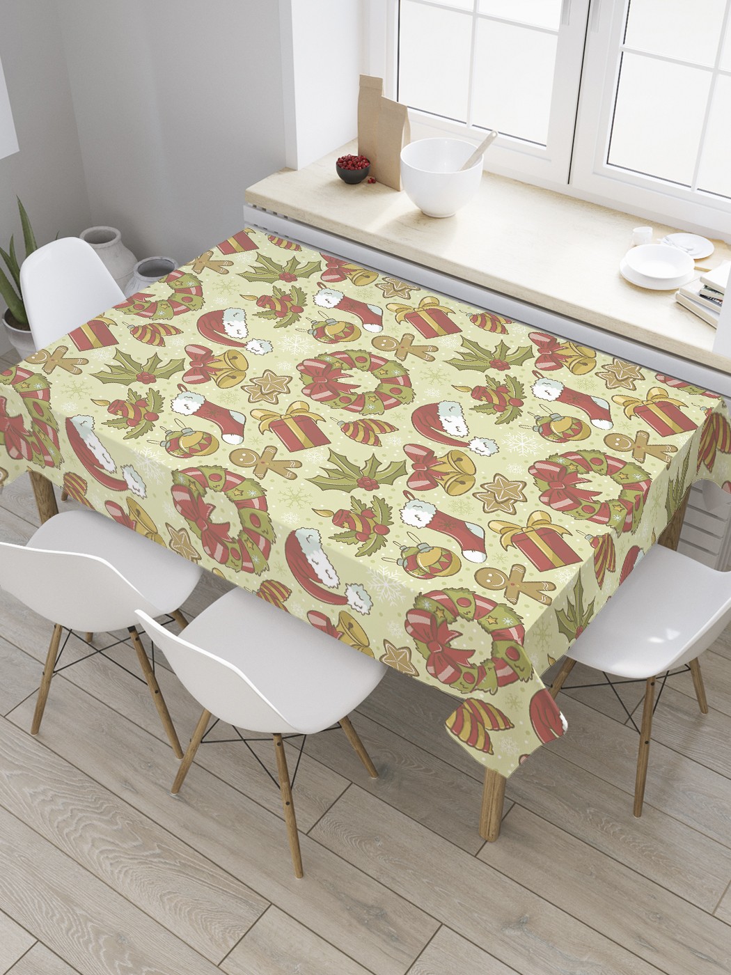 

Скатерть прямоугольная JoyArty "Предметы на рождество" из оксфорда, 120x145 см, Зеленый, Предметы на рождество