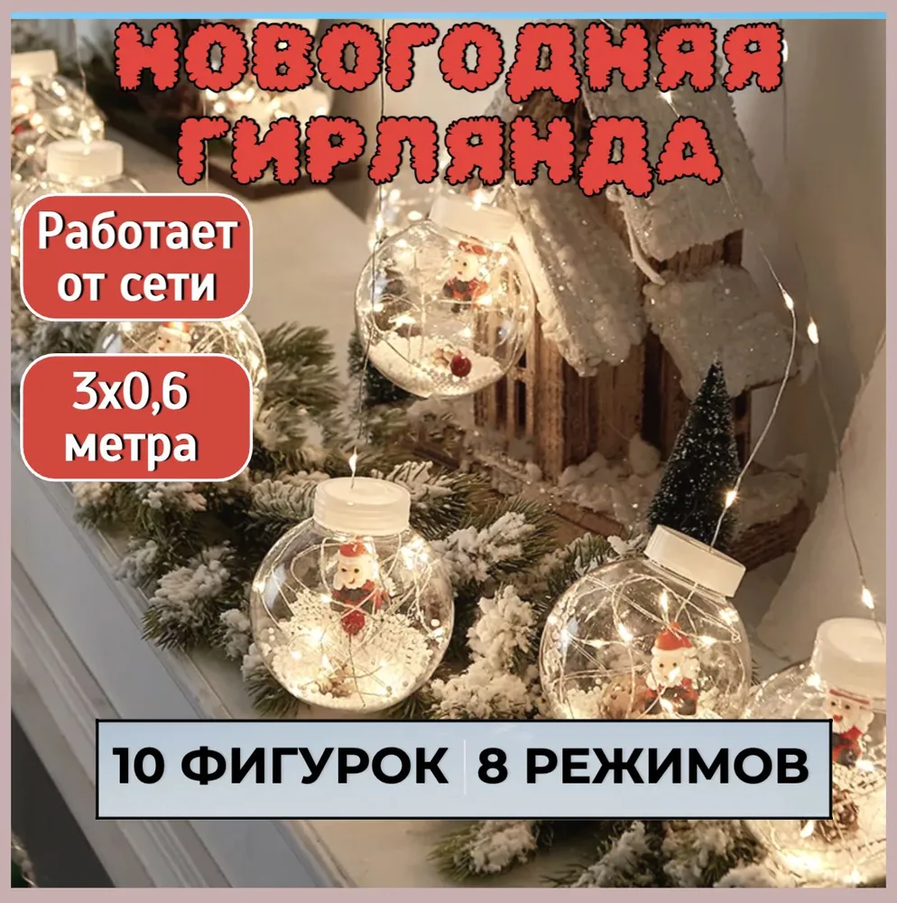 

Гирлянда занавес штора 3х0.6м, 10 лампочек, 8 режимов, белый свет