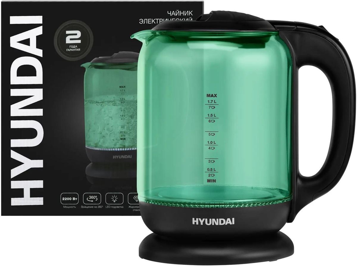 

Чайник электрический Hyundai HYK-G2807, 2200Вт, бирюзовый и черный